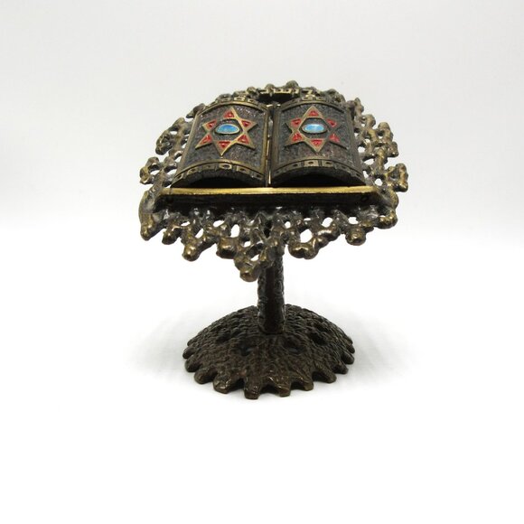 Vintage brass & enamel Ten Commandments on filigree base - hinged - Judaica - Picture 2 of 8